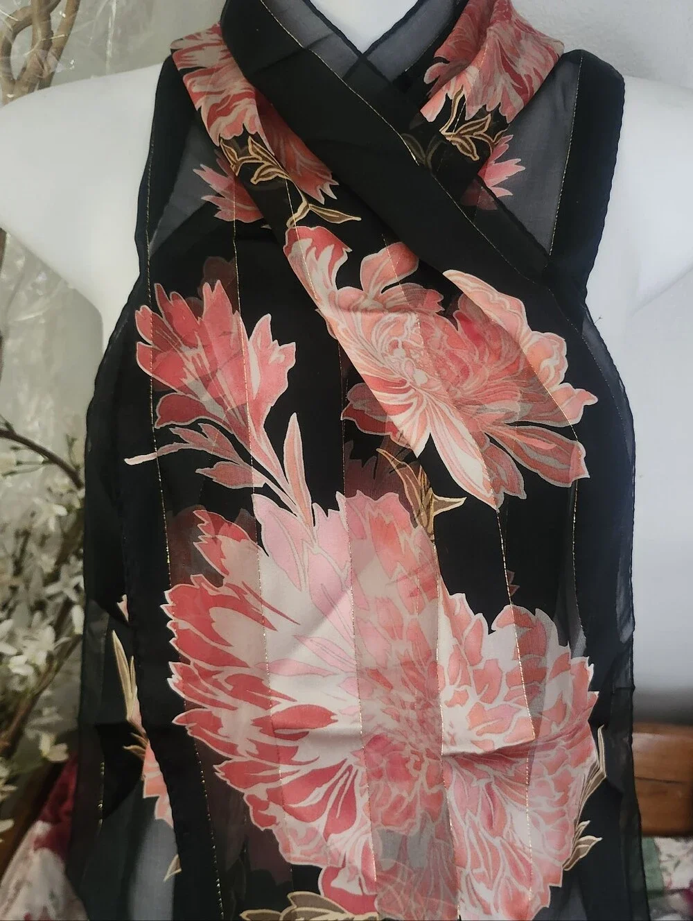 Vtg Sheer Black Floral Silk Scarf with Pink Bloom Print